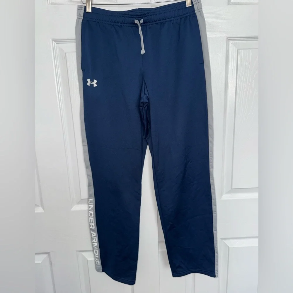 Under Armour Youth XL Navy Track Pants Gray Stripe Loose Fit Athletic Joggers